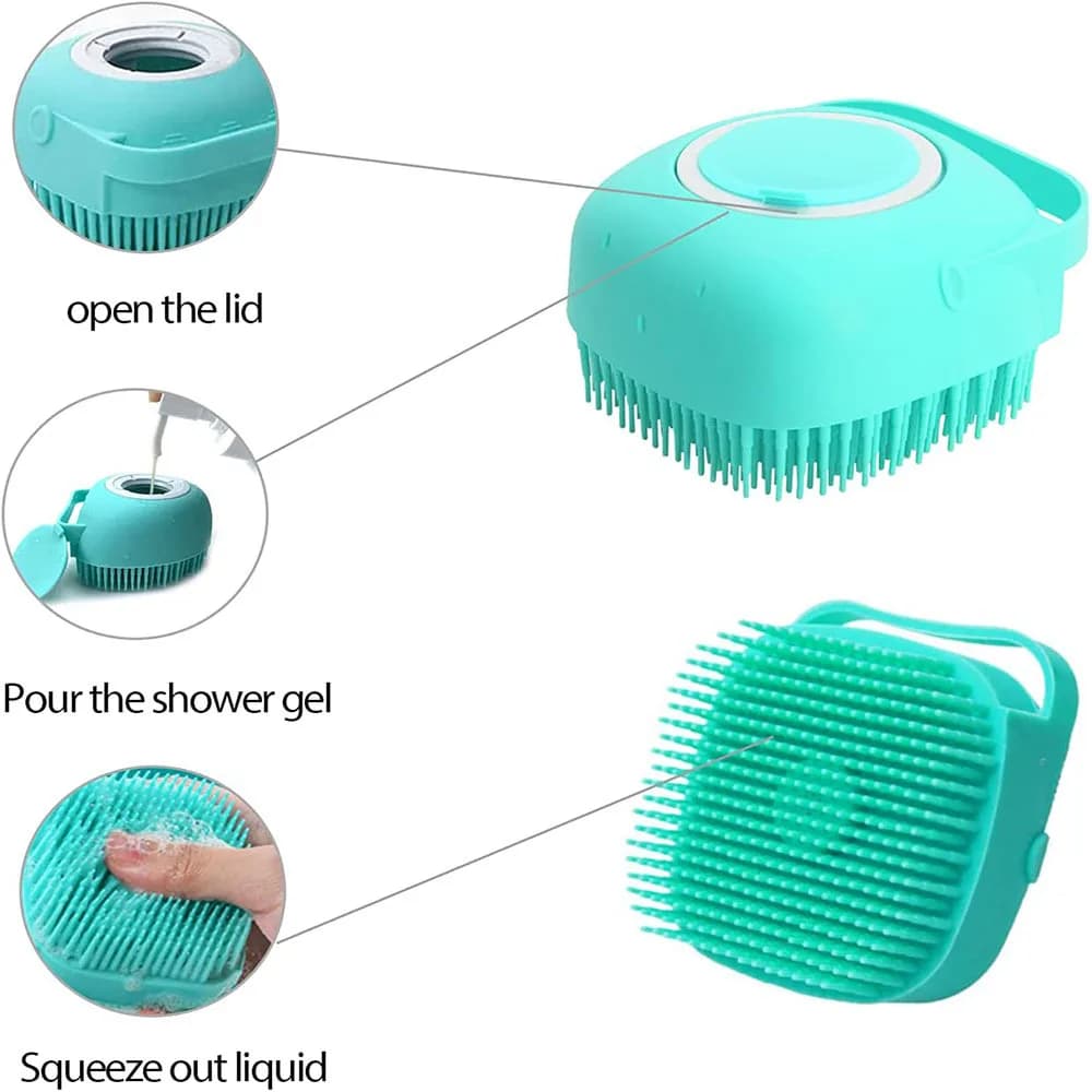 Pet Massage Brush Dog Bathing Brush Shampoo Dispenser Soft Silicone Brush Rubber Bristle for Dogs and Cats Shower Grooming Tool