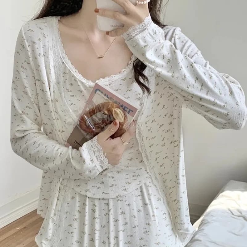 Women's Floral Lace Three-Piece Pajama Set