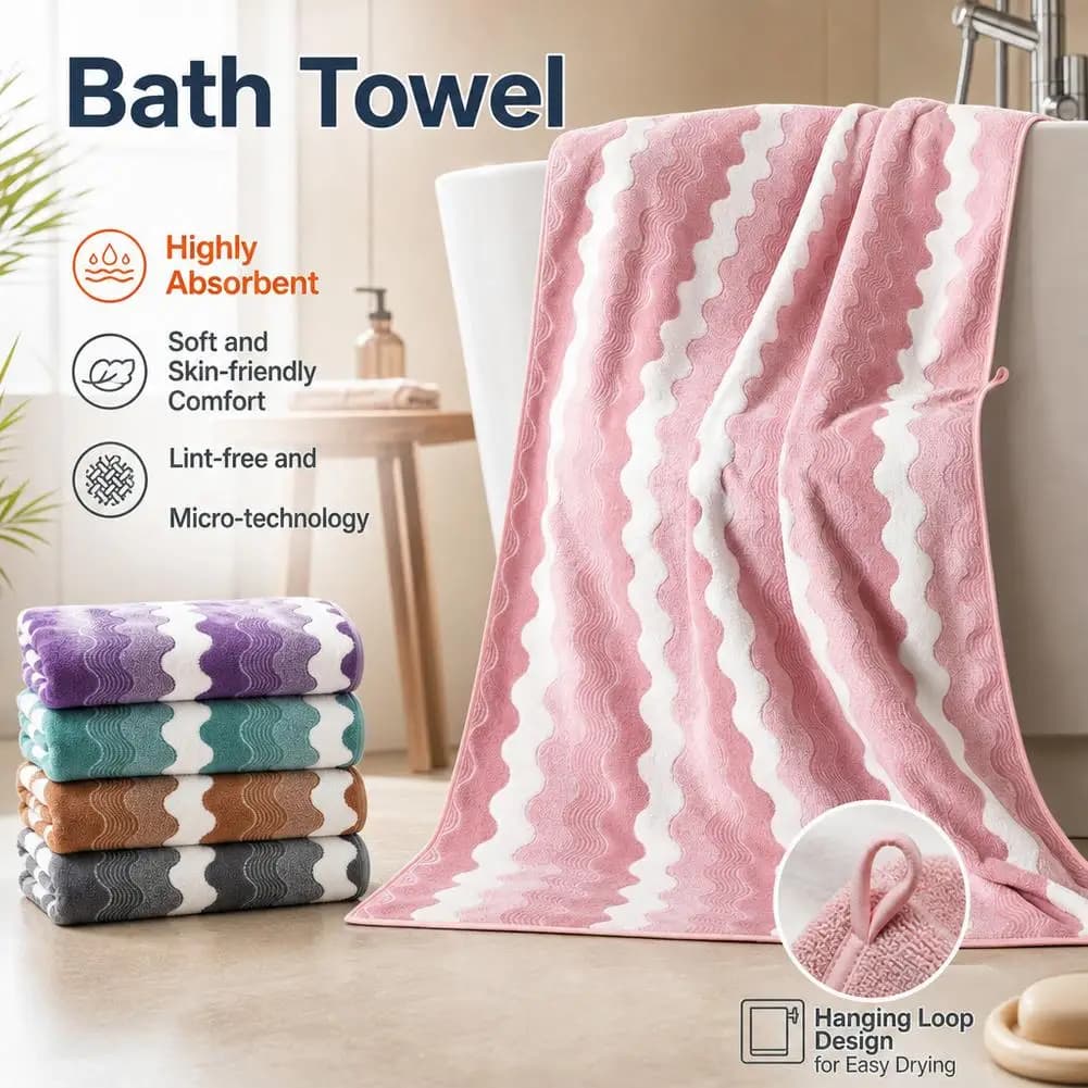 Coral Fleece Bath Towel Wave Stripe