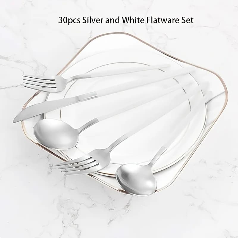 30-Piece Silver White Silverware Set for 6