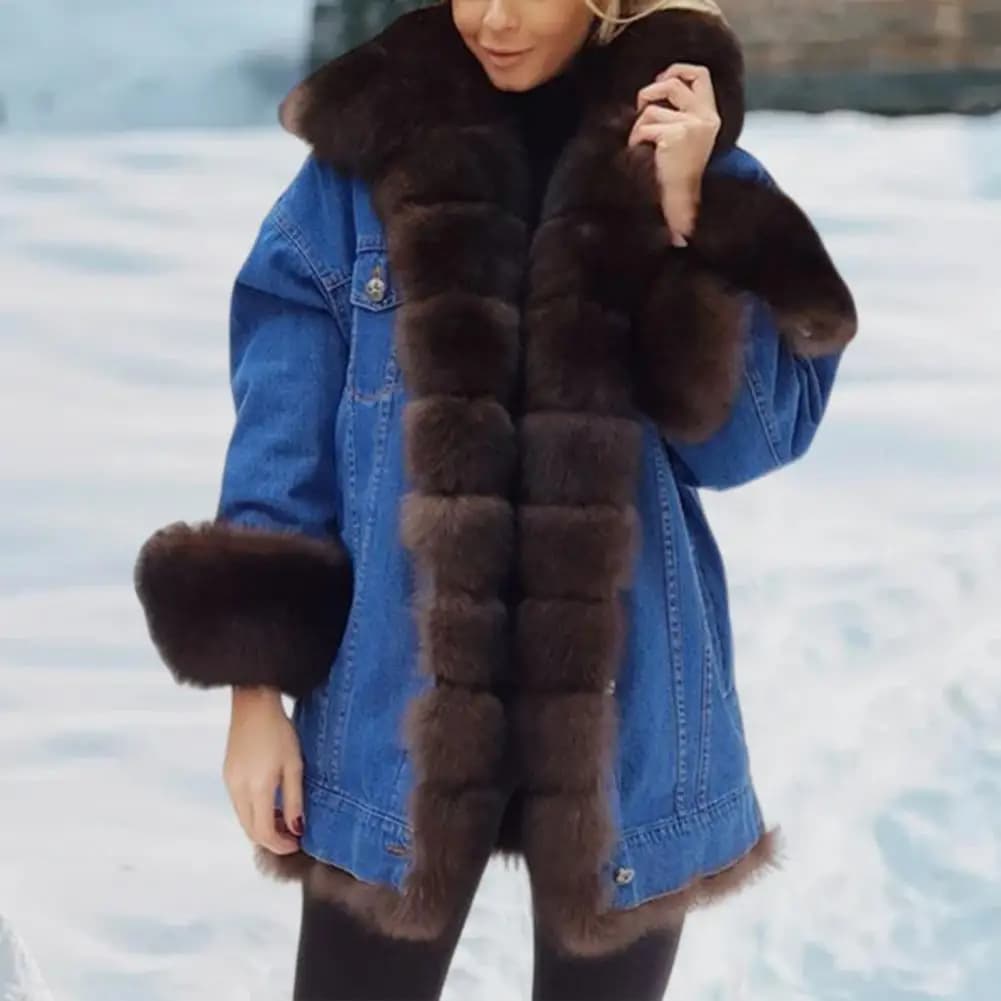 Women's Winter Denim Jacket with Faux Fur Trim