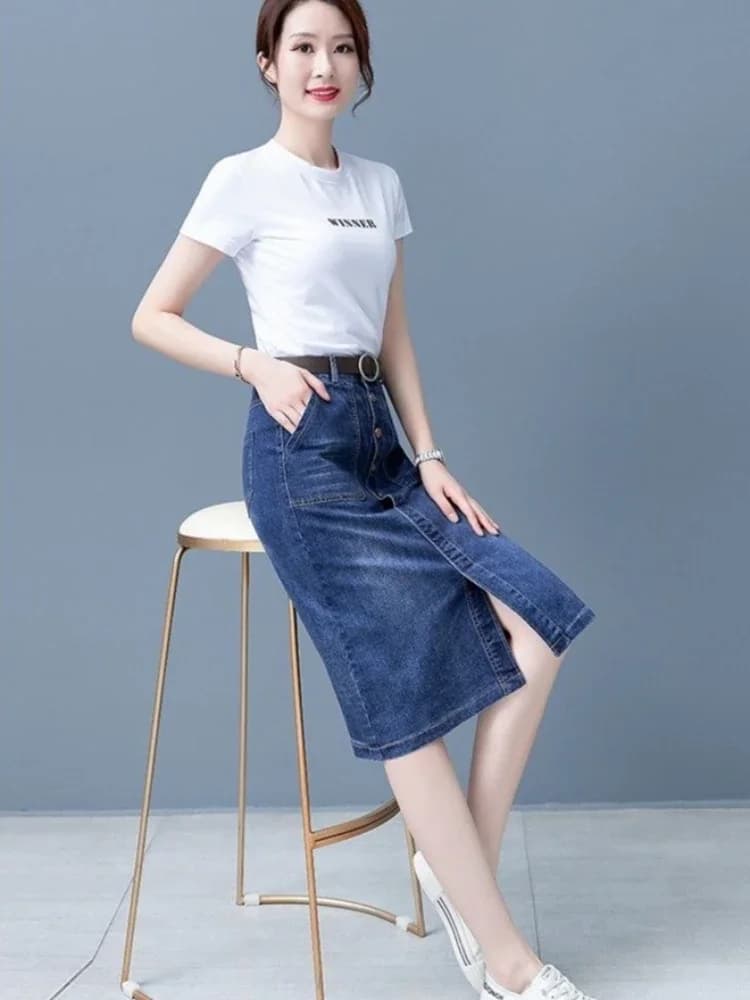 High Waist Denim Midi Skirt with Slit