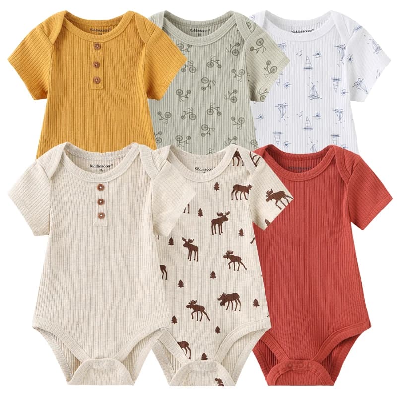 Newborn Bodysuits Cotton Cartoon Baby Girl Clothes Set 6Pieces Short Sleeve Baby Boy Clothes Summer Solid Color Bebes