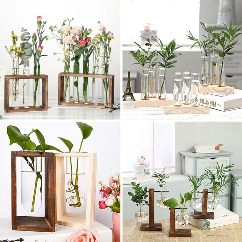 Wooden Frame Glass Hydroponic Vase