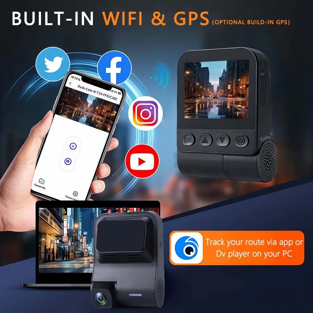 Dash Cam for Cars Dashcam Night Vision With Rear 1080P Car Video Recorder Supports WiFi APP Monitoring 24 Hours Parking Monitor