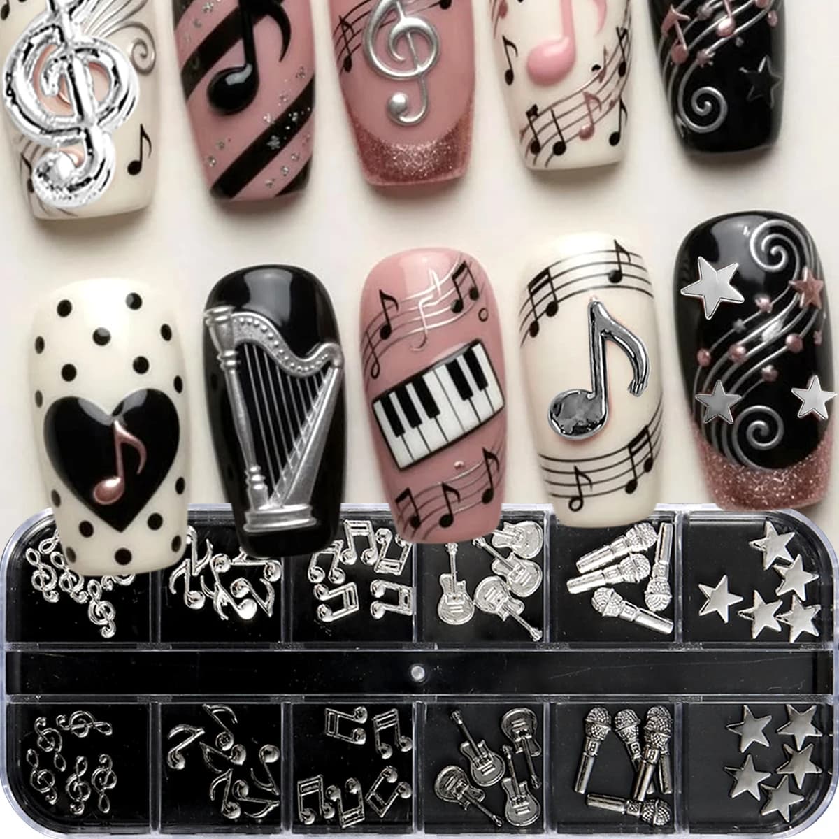 Nail art musical symbol alloy ornaments, a mix of 3D metal accessories, retro punk hollowed-out musical note nail art ornaments.
