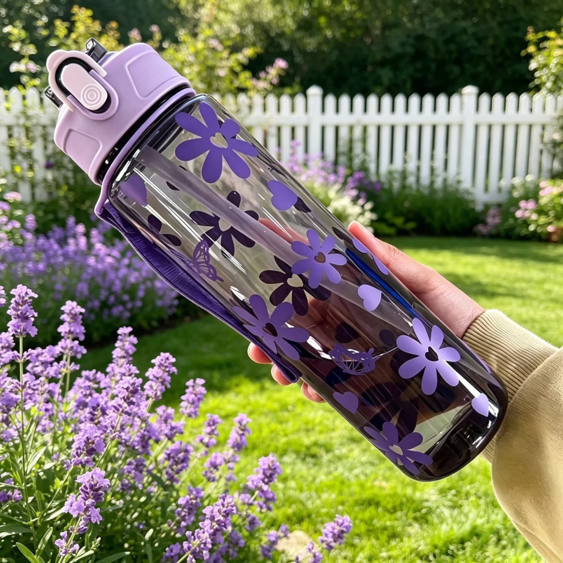 Water Bottle with Full Print of Flowers and Bowknot Patterns, Trendy & Stylish, Lightweight with Portable Lanyard, Durable