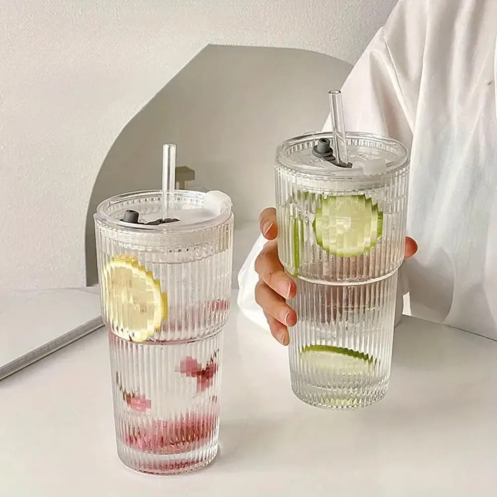 600ml Stripe Glass Cup with Lid and Straw