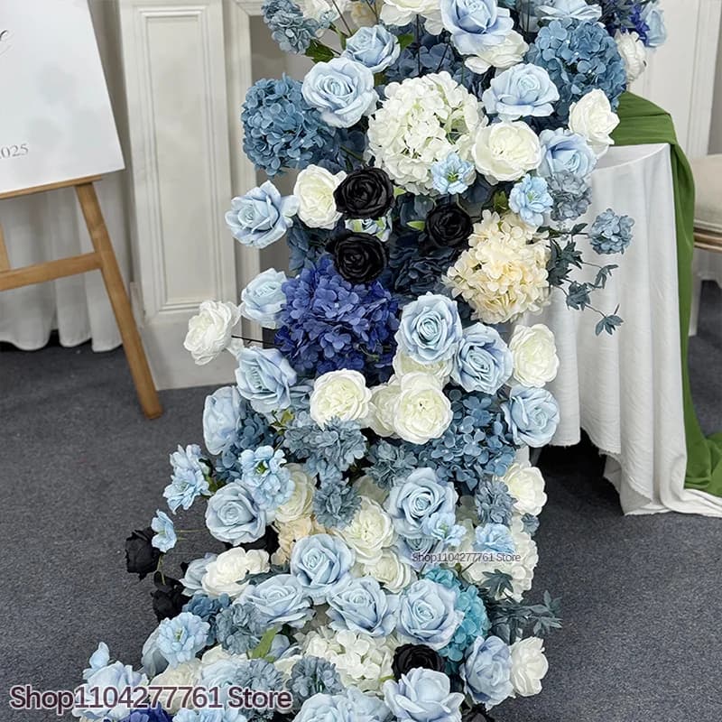 Wedding Decor Artificial Flower Row Arrangement Navy Blue/Light Blue/black Table Runner Flower Party Event Backdrop Wall Layout