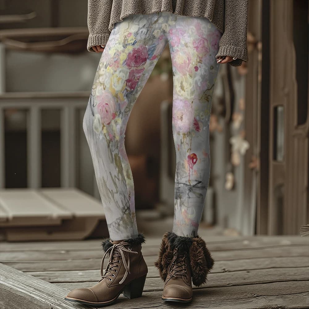 Colorful Blooming Flowers Pattern Women's Leggings Autumn Winter Warm Fashion Tights Stylish Outdoor Look Fashion Streetwear