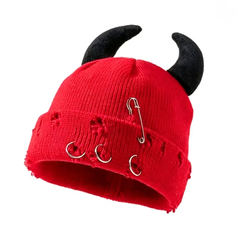 Devil Horn Knit Beanie with Ring Pin