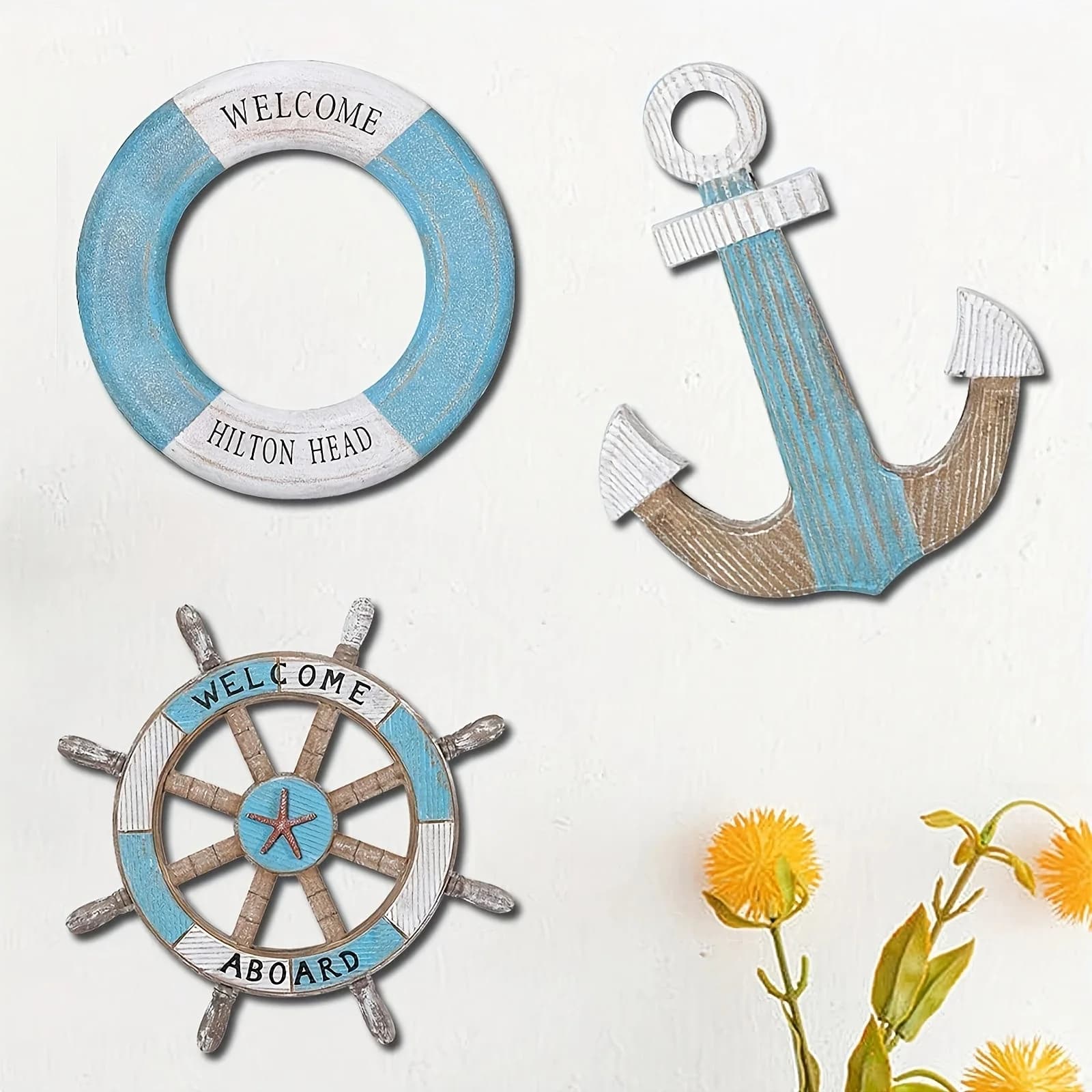 1 Set of Nautical-Themed Home Decor Wooden Anchors, Helms, and Lifebuoys Ocean-Themed Wall Decorations Indoor Nautical Decor Can Be Used for Wall Decoration at Outdoor Parties and Garden Gatherings