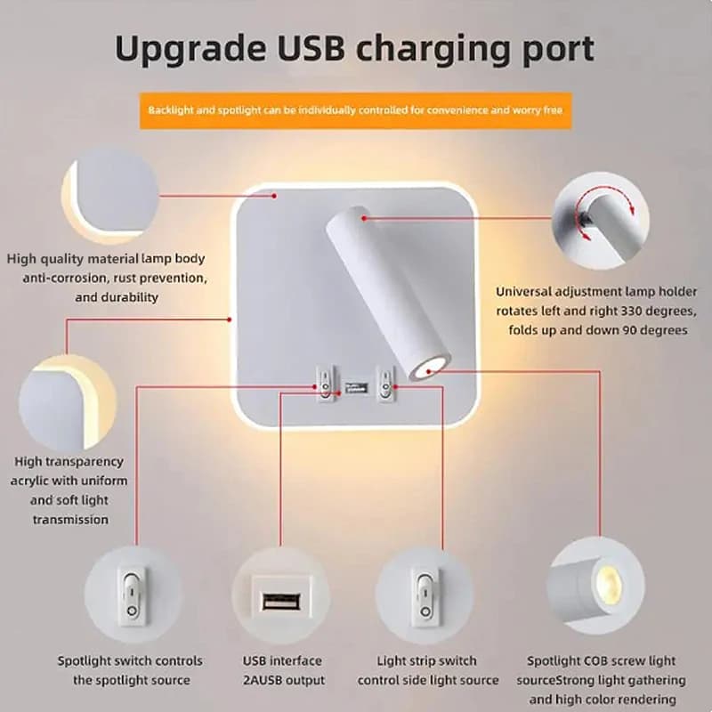 LED Bedside Wall Lamp with USB Port