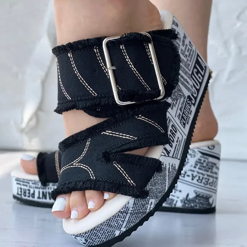 Women's Buckled Denim Platform Wedge Sandals