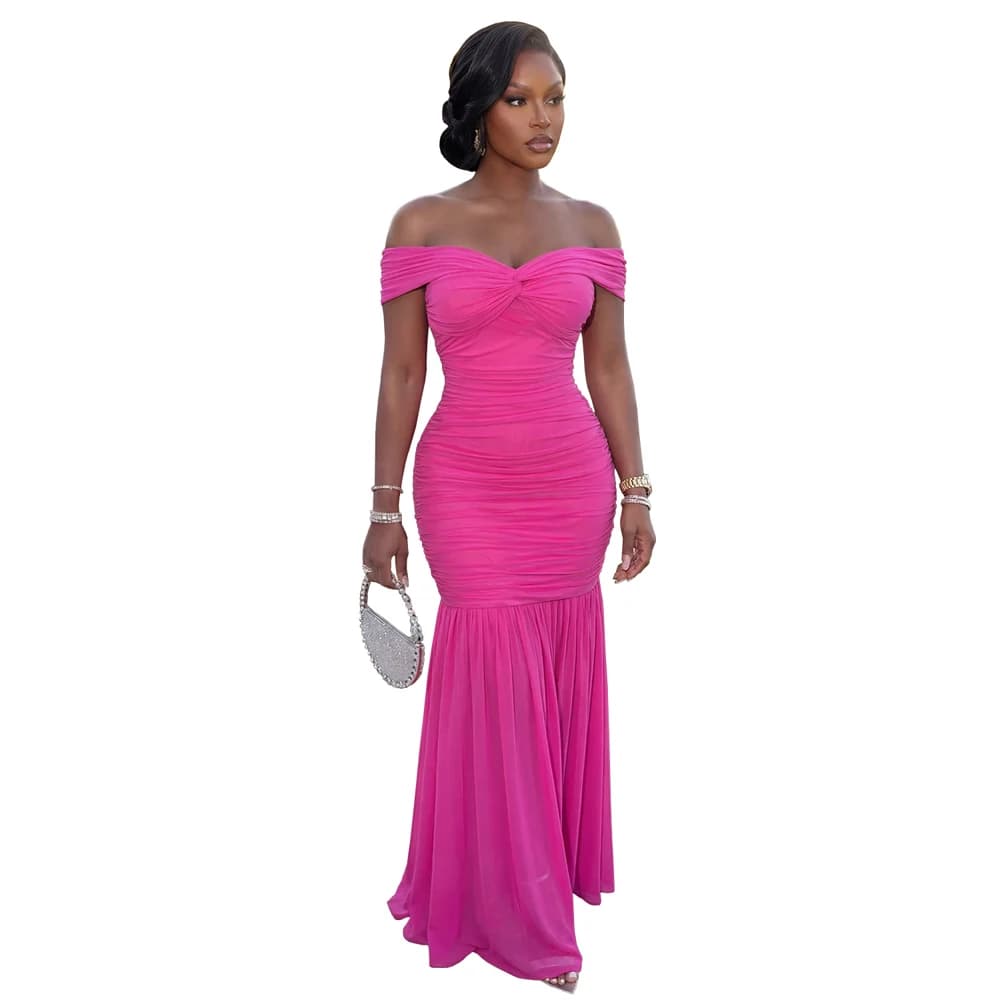 Off-Shoulder Ruched Fishtail Evening Gown