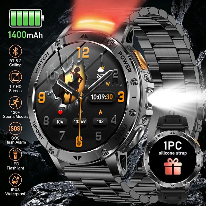 Smart Watch 1.7'' IPS Screen 1400mAh Battery IPX8 Waterproof 120+ Sports SOS LED BT Call Heart Rate Monitor Men Women