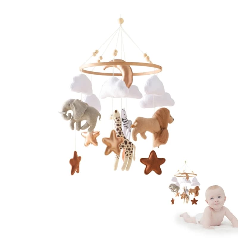 Wooden Crib Mobile with Music Box and Soft Felt Animals