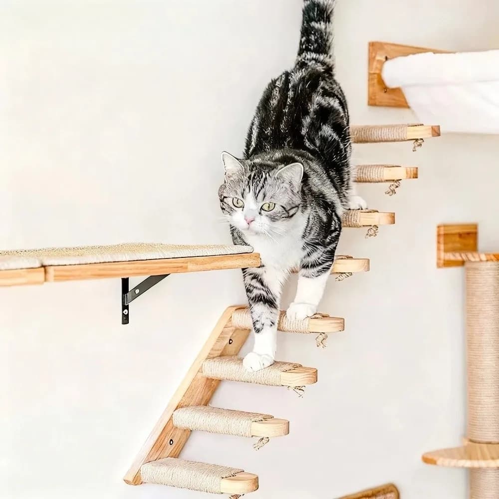 Wooden Cat Wall Shelves with Sisal Scratch Cover