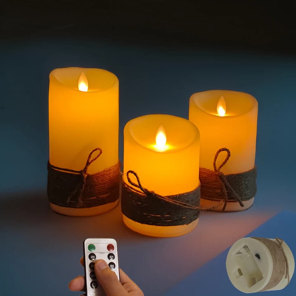LED Candles with Dancing Flame,Vintage Rope String Wrapping,Battery Operated or USB Rechargeable Option,Ambiance Lamp, 3 PCs/Set