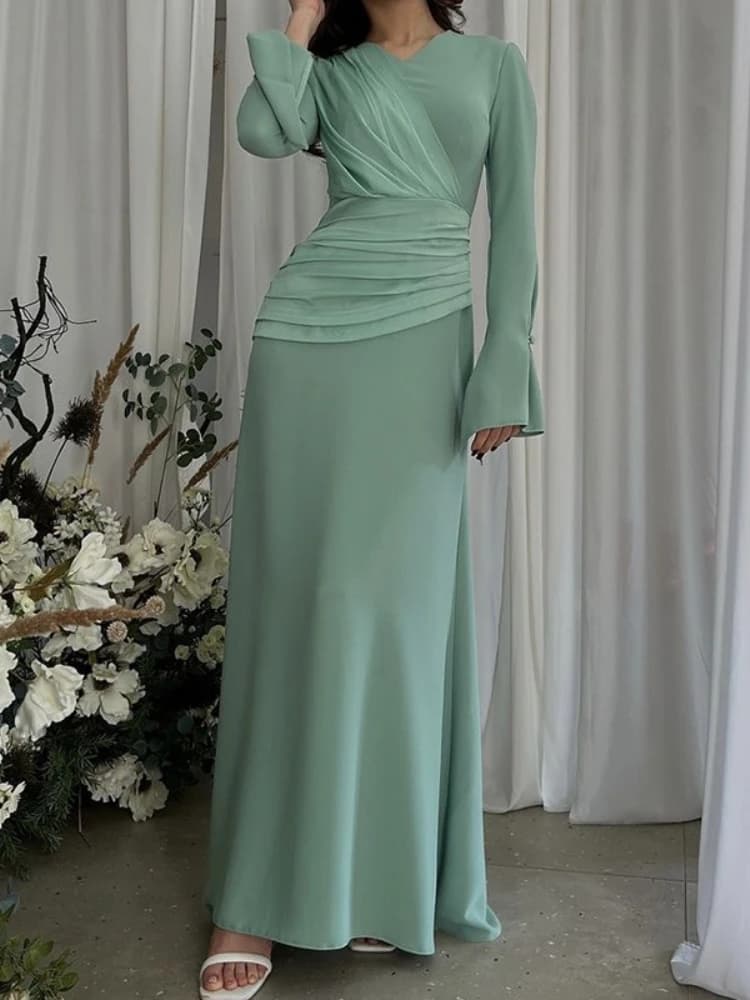 Draped Waist Maxi Dress with Flare Sleeves