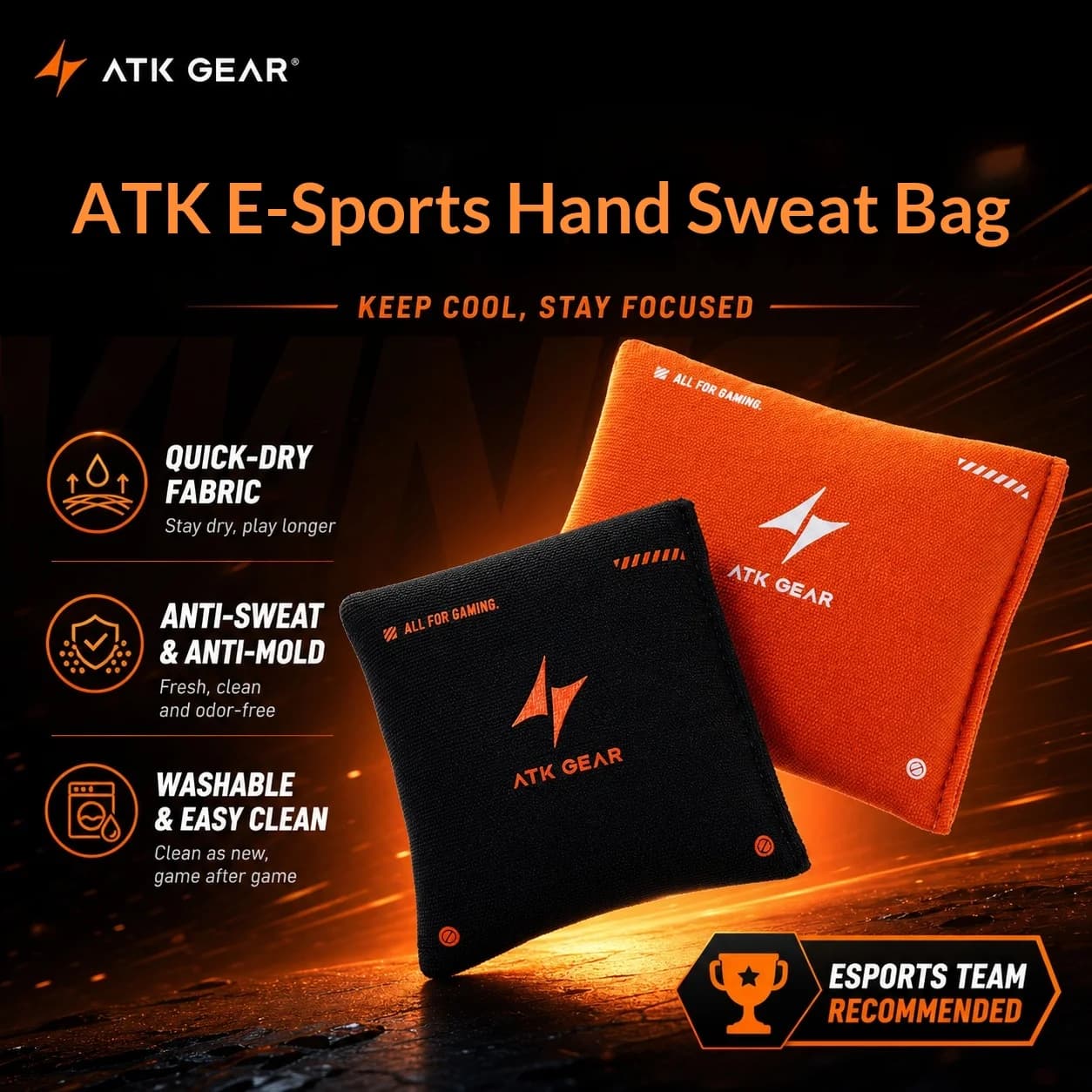 ATK GEAR E‑Sport Hand Sweat Bag Dry Grip Pouch Anti‑Sweat For Competitive Gaming Reduce Sweaty Hands For FPS Gamers