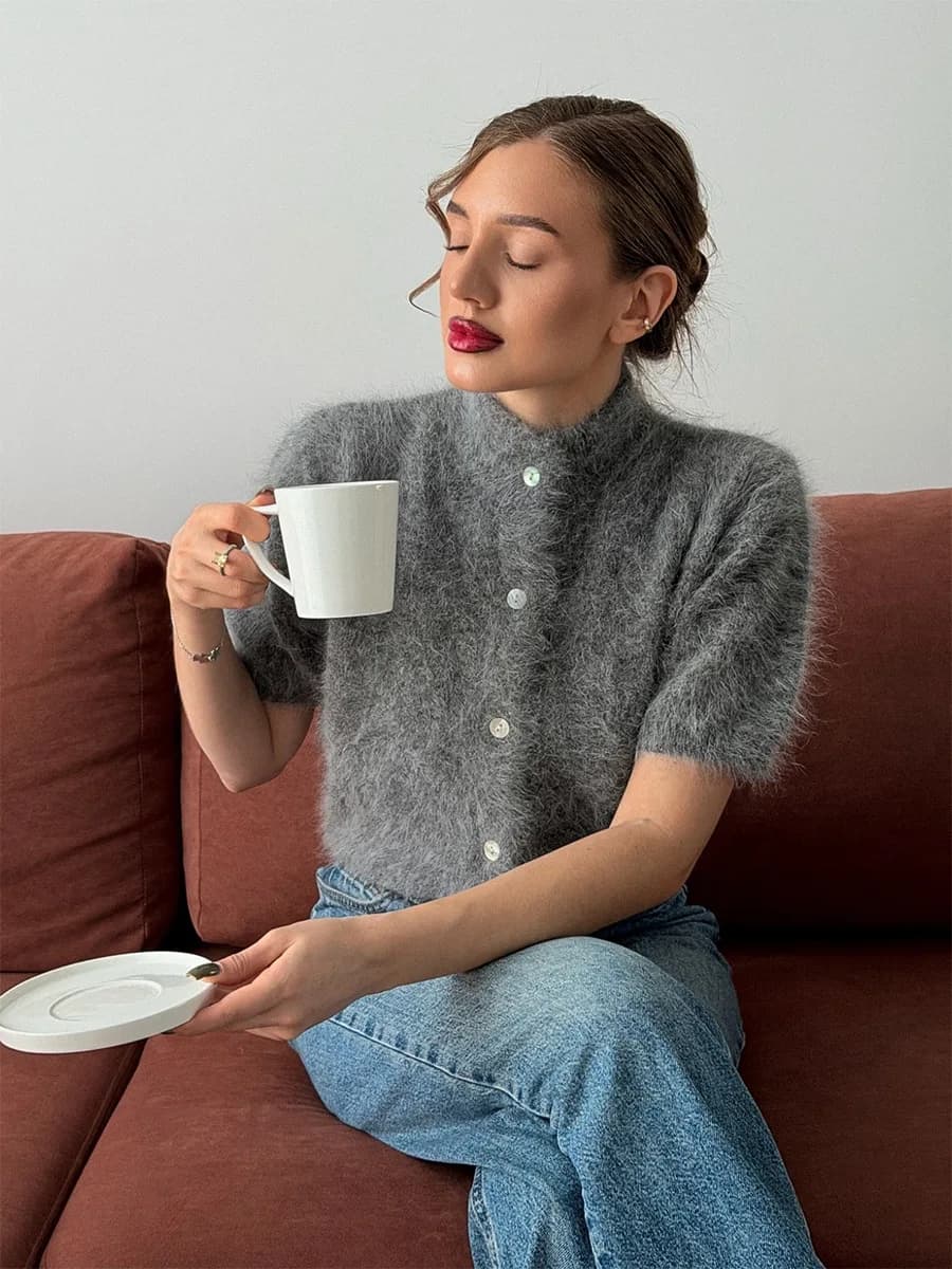 Women Fall Winter Fashion Vintage Half High Neck Slim Short Sleeve Knitted Cardigan Sweater