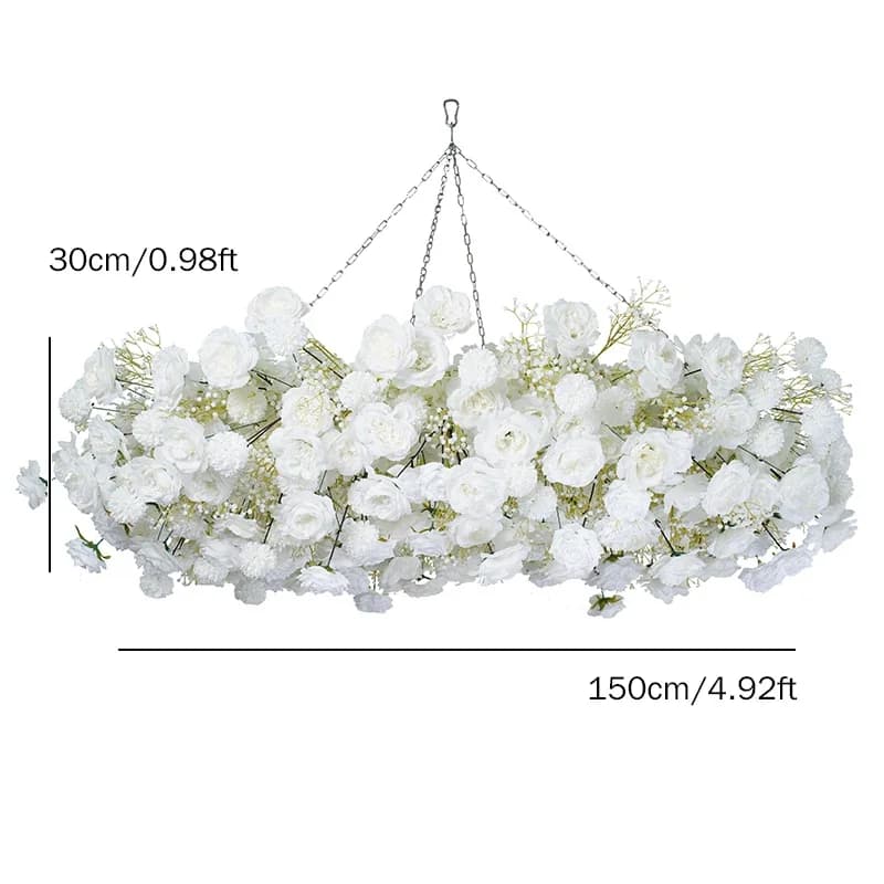 Wedding Backdrop Decor Ceiling Hanging Metal Round Hoop Frame, White Baby Breath, Rose Pompom, Floral Arrangement, Event Flower