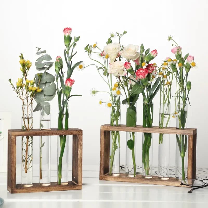 Wooden Frame Glass Hydroponic Vase