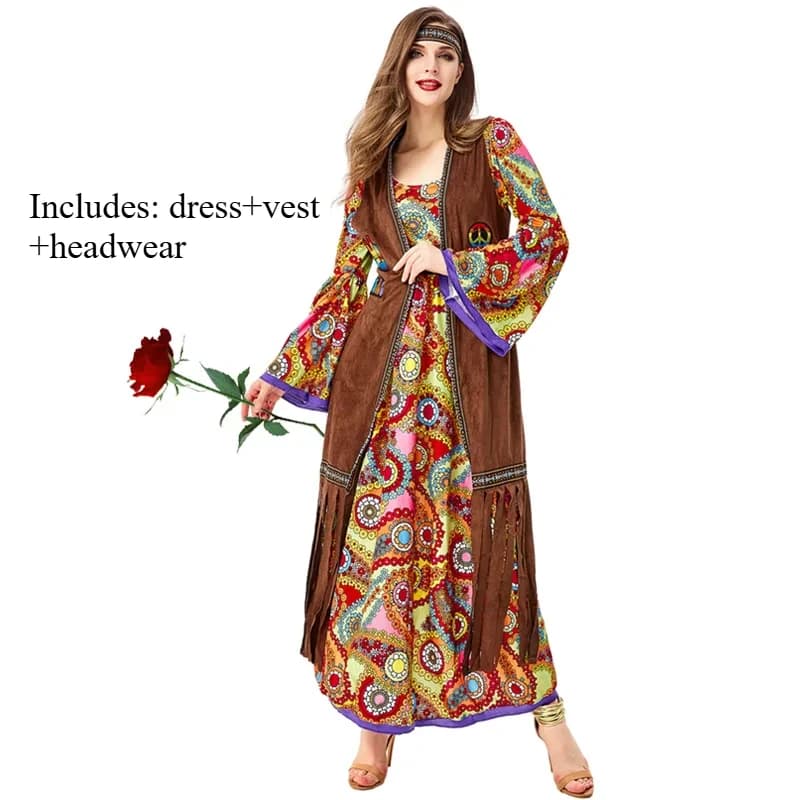 Halloween Costume 70s Outfits Adult Women Hippie Clothes Disco Dancing Dress Bohemian Rhapsody Free Unrestrained Romantic Pretty