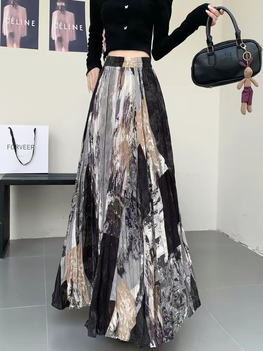 Fall Printed Pleated Maxi Skirt