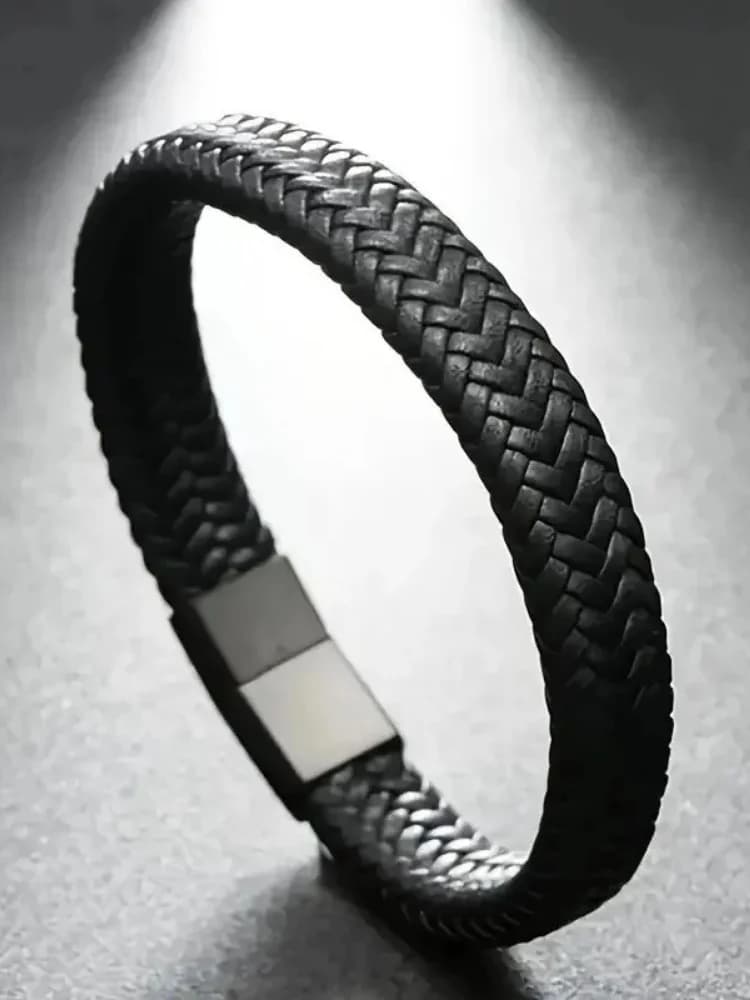 Men's Black Leather Magnetic Wristband