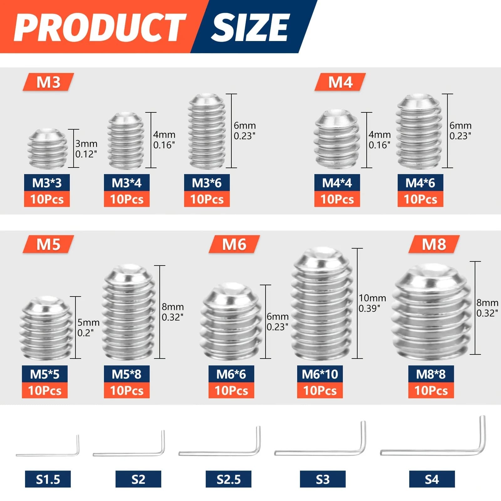 Set Screws Assortment Kit M3-M8 with Allen Keys