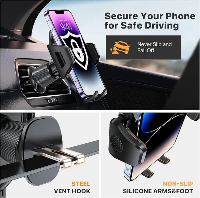 Car Phone Mount (with Metal Hook Clip) Air Vent Phone Holder Universal Car Mount, Compatible with Garmin GPS, iPhone, Android