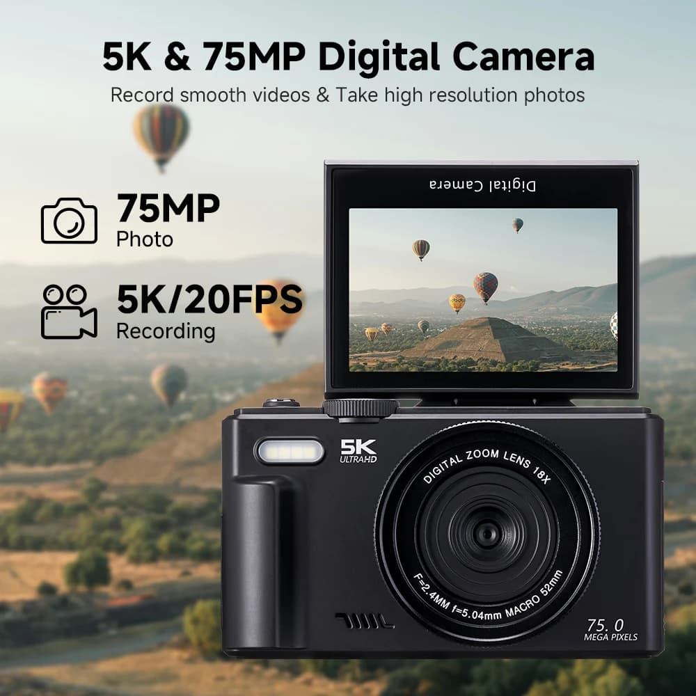 75MP 5K Digital Camera with 18X Zoom