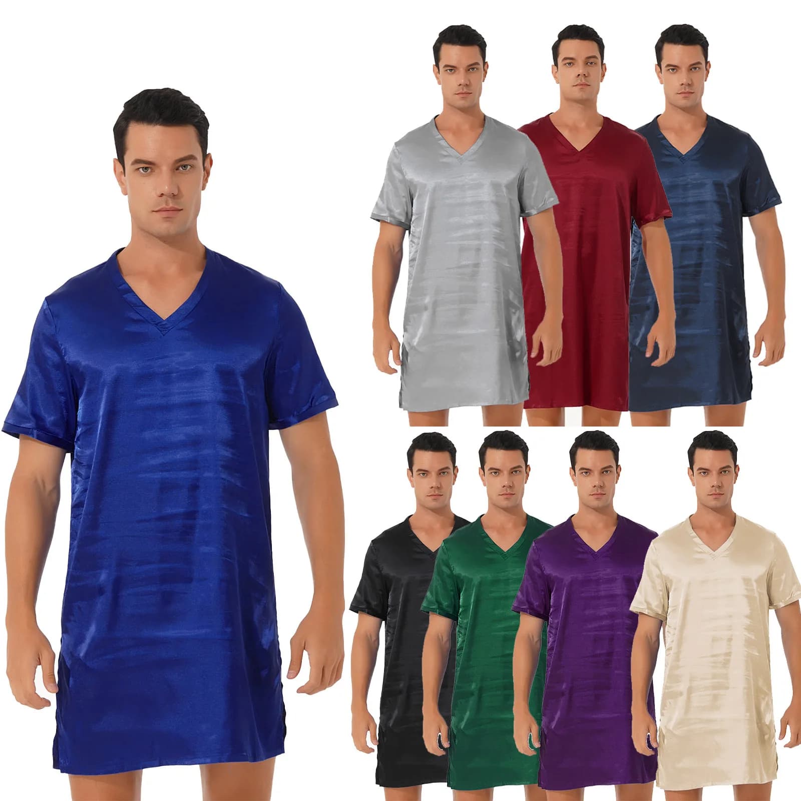 Men's Satin V-Neck Short Sleeve Nightshirt