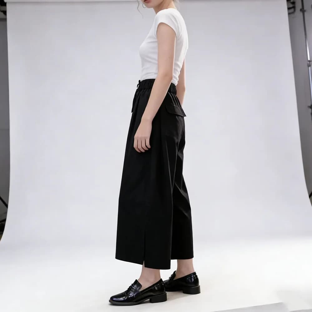 Black Wide Leg Casual Trousers with Pockets