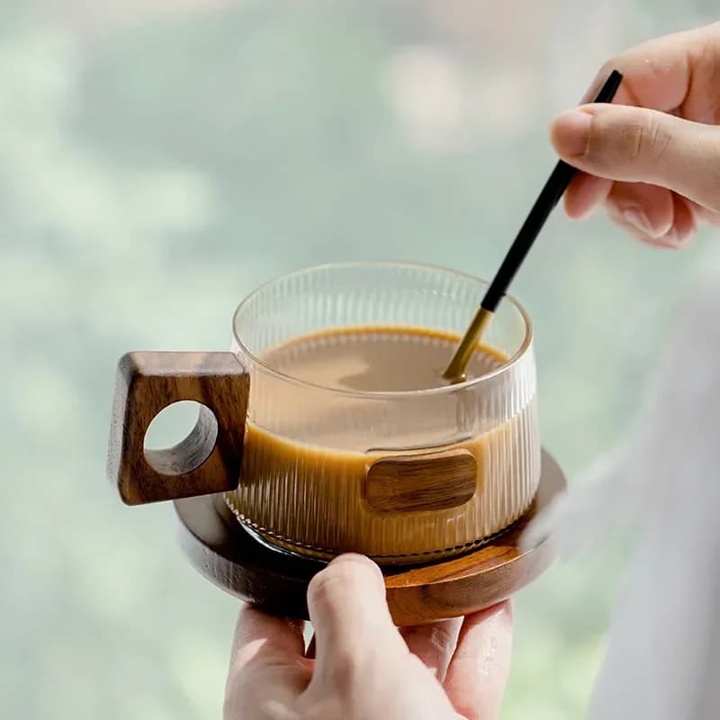 Walnut Wood Coffee Cup Set with Tray and Spoon