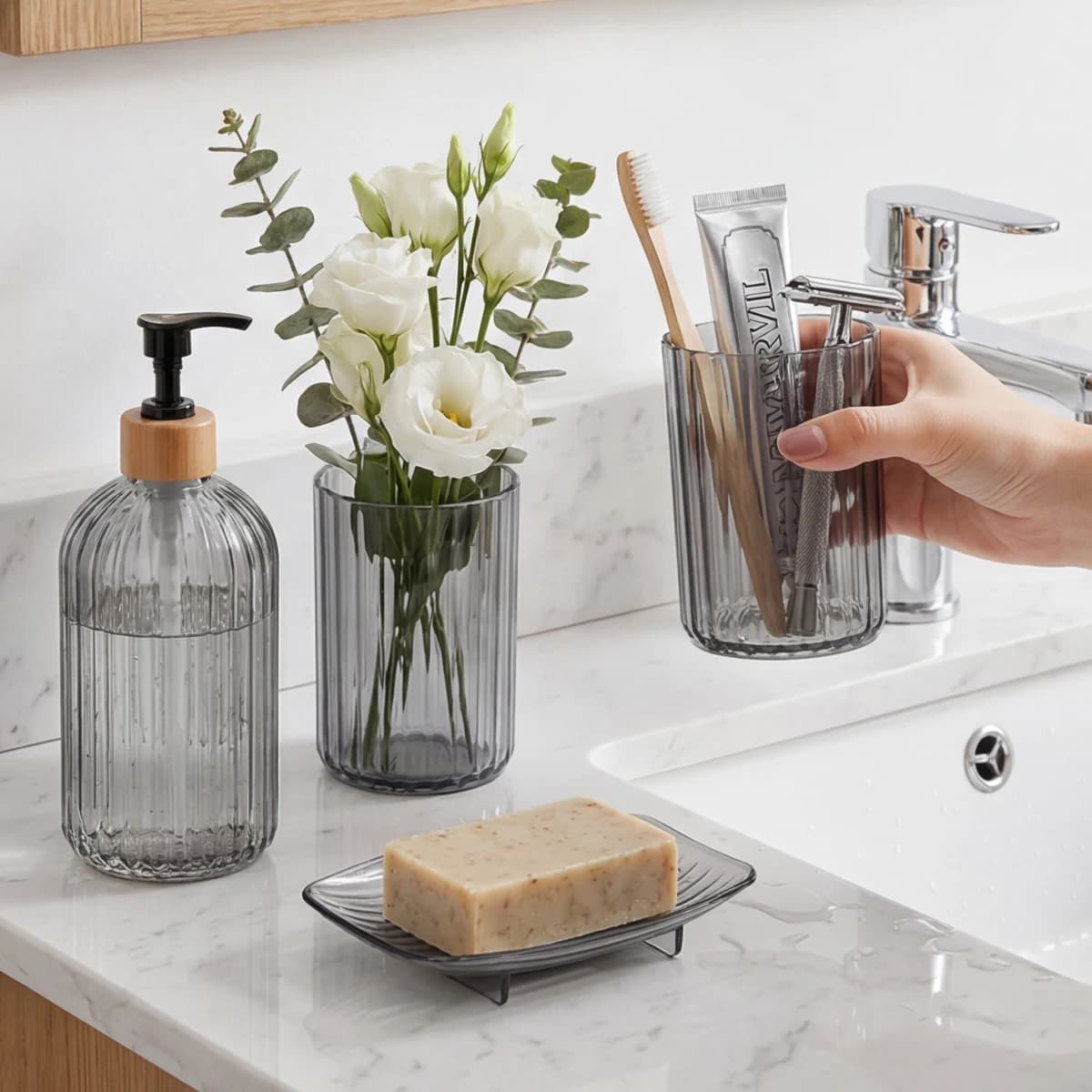 Bathroom Accessories Set, Toothbrush Holders Set Complete with Soap Dispenser, Bathroom Vanity Storage Cups and Cotton Swab Jars