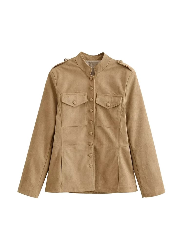 Fashion Jacket For Women 2026 Spring Autumn Classic Vintage Suede Stand Collar Single Breasted Casual Versatile Short Streetwear