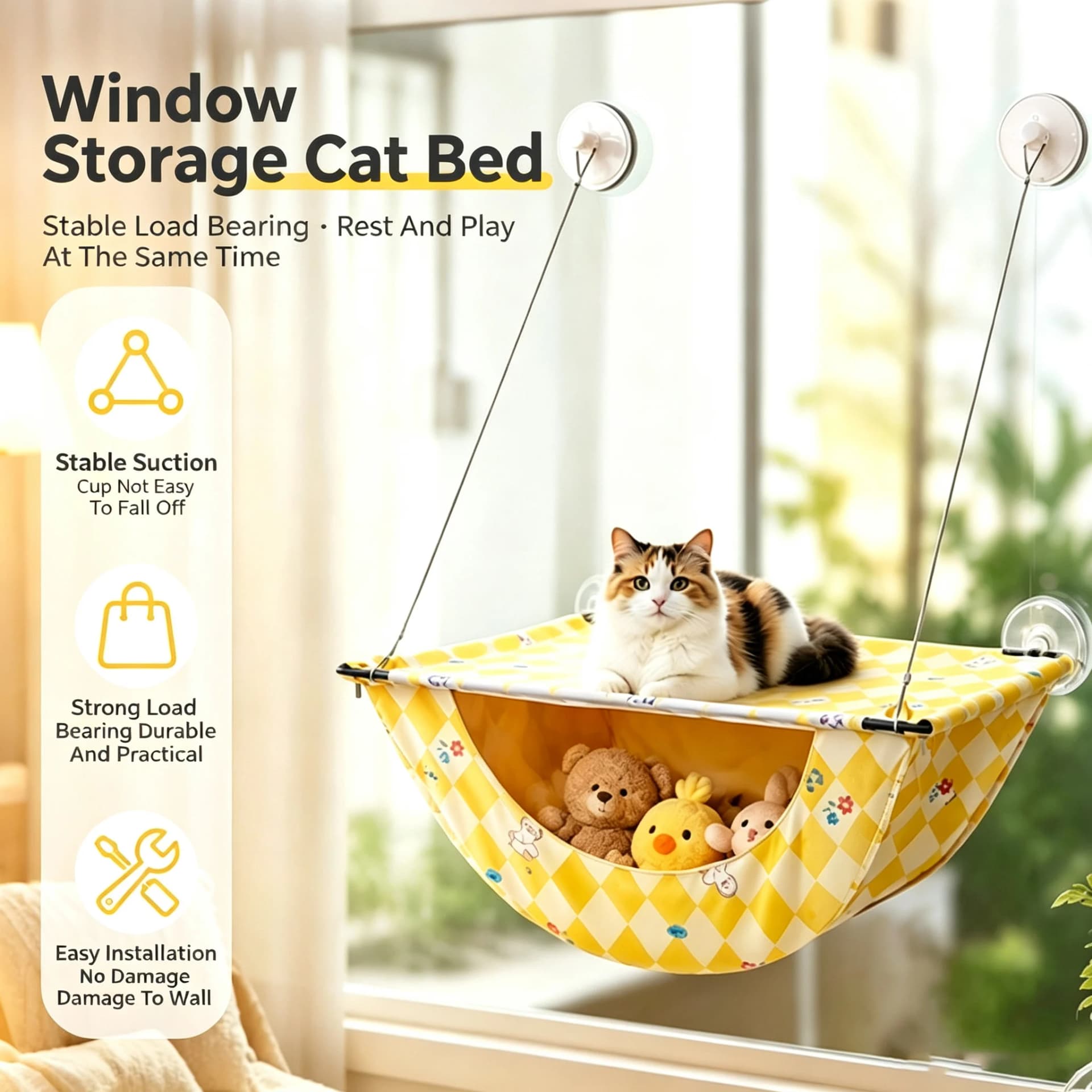 Window Suction Cup Cat Hammock with Storage