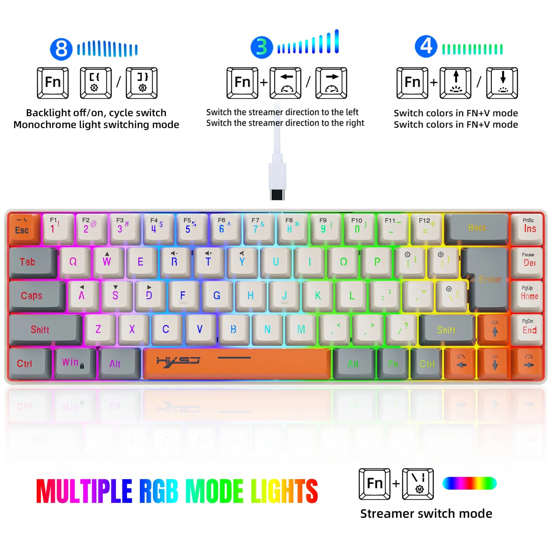 Teclado Gamer Color Game Film Keyboard 65% Key-Line Separation RGB Backlit Multi-Function Wired USB Keyboards Gaming PC Branco
