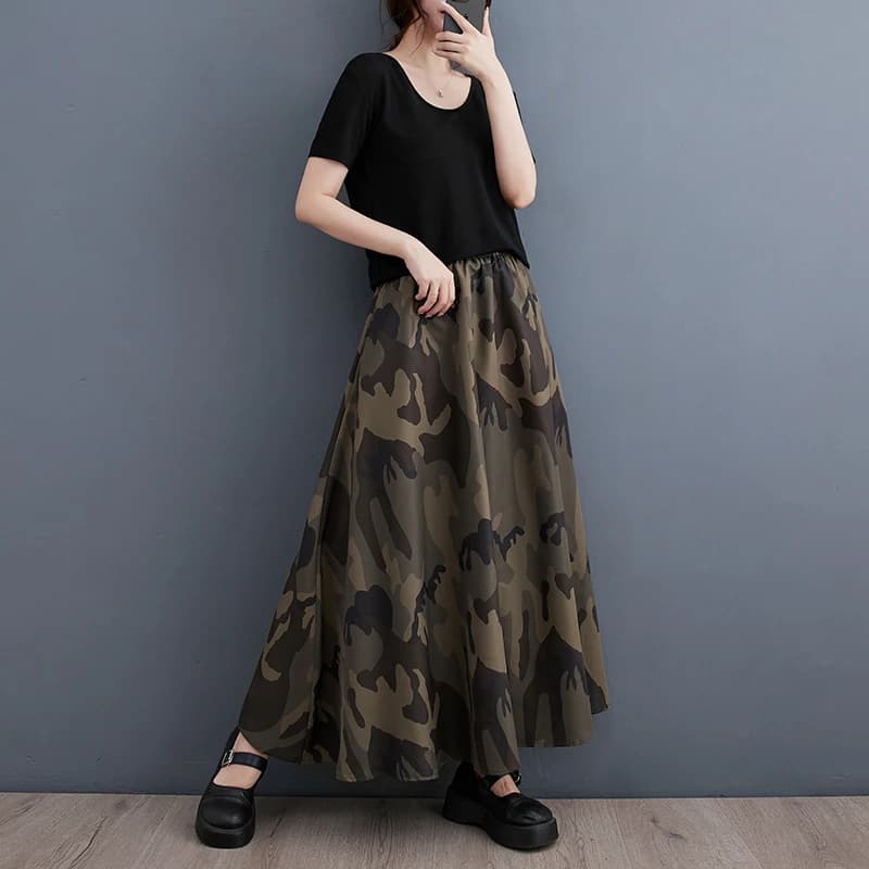 Camouflage Print A-Line Maxi Skirt
