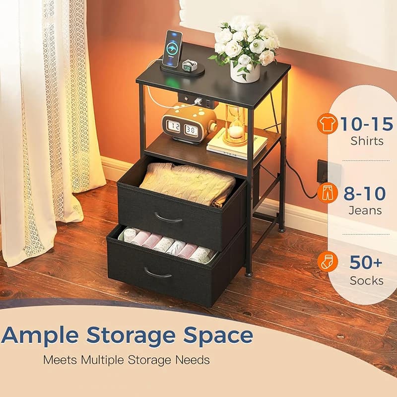 Night Stand with Charging Station and LED Lights End Table for Bedroom with 2 Fabric Drawers Storage Shelf Bedside Table Black
