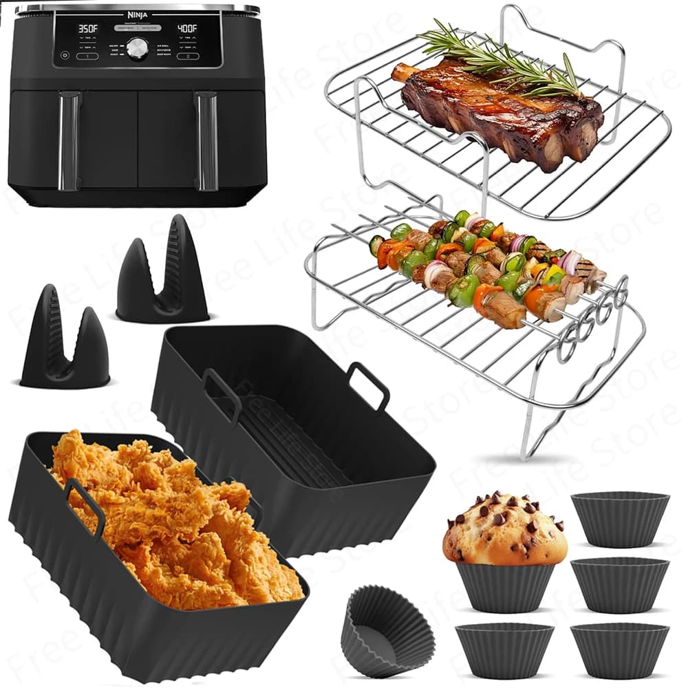 Air Fryer Accessories for Ninja Foodi Dual Zone DZ201 DZ401 AF300 AF400 7.6L-9.5L Silicone Basket/Muffin Cup/BBQ Rack/Gloves
