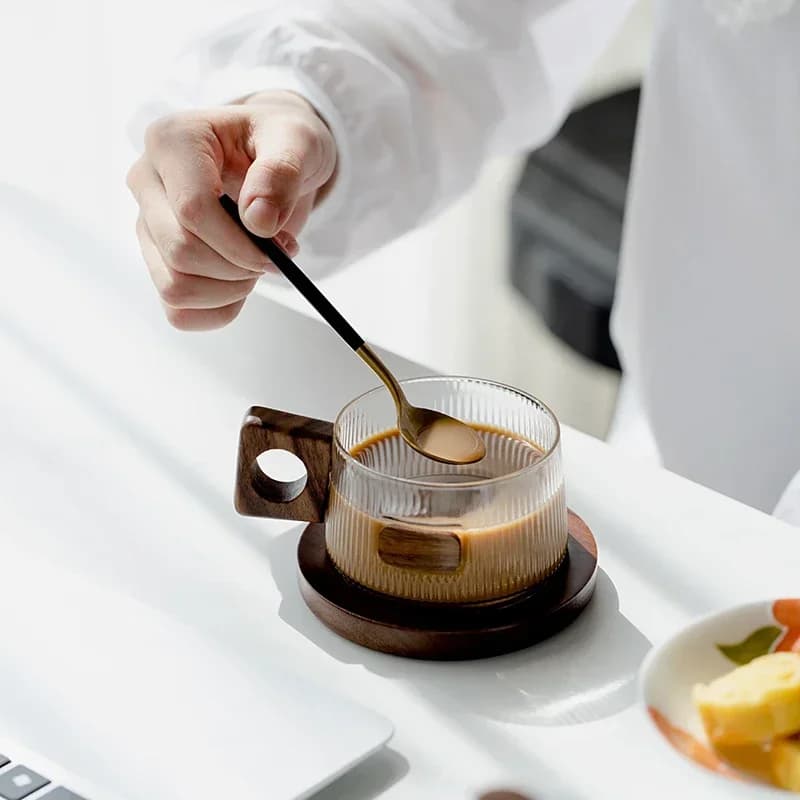 Walnut Wood Coffee Cup Set with Tray and Spoon
