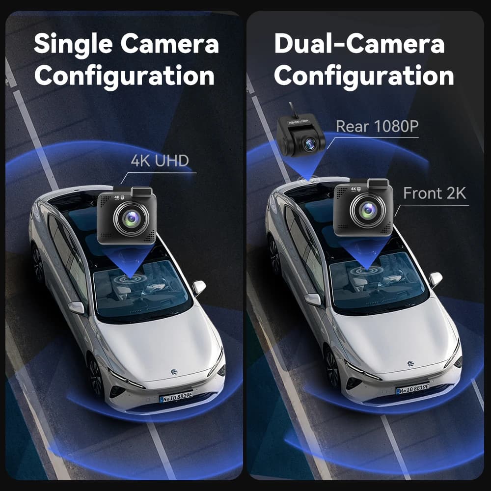 Dash cam single recording 4K, dual recording front 2K rear 1080P with WiFi GPS tracking