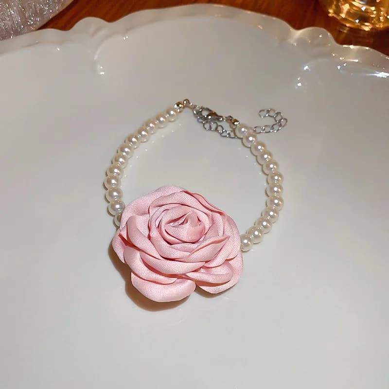 4 Pcs Jewelry Sets for Women Fabric Flowers Necklace Bracelet Earrings French Fashion Retro Style Girl Party Accessories Set