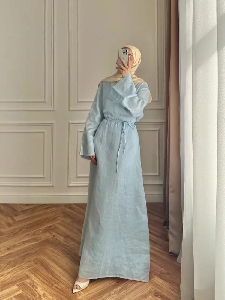Women' Dresses Elegant O-Neck Cotton Lined Back Lace Up  Flare Sleeve Waist Cinching Long Robes Female Summer Lady Dress