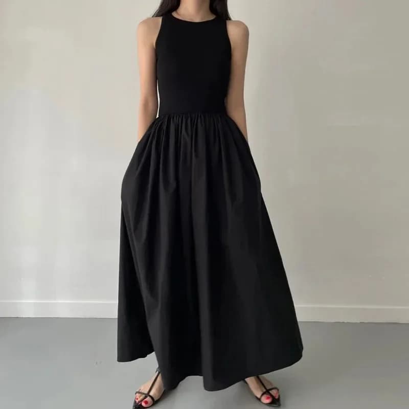 Female Fashion Style Dress New Summer Simple Elegant Black Long Dresses For Women Round Neck Sleeveless High Waist Temperament