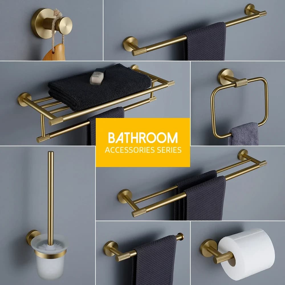 Bathroom Hardware Accessories  Brushed Gold Knurled Brass Kit Towel Bar Ring Robe Hook Paper Holder Towel Ring Toilet Brush